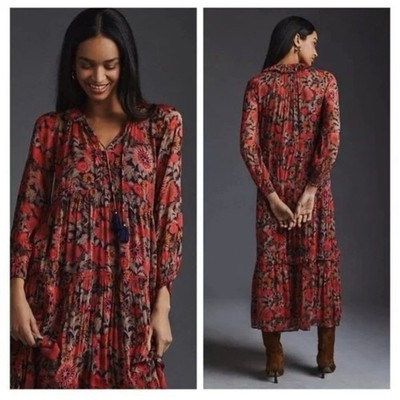 Anthropologie The Marais Printed Chiffon Maxi Dress XS Red Orange Blue