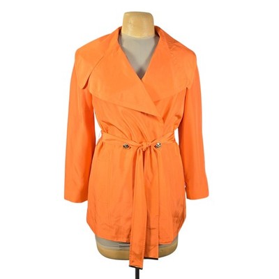 Etcetera Womens Orange 100% Silk Double Breasted Belted Trench Jacket Size 6