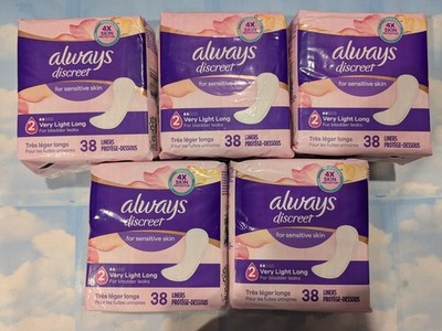 LOT (5) ALWAYS DISCREET LINERS FOR SENSITIVE SKIN VERY LIGHT LONG 38 LINERS EACH