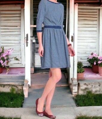 Anthropologie Patched Nautical Dress X Small 0 2 Blue Striped Cotton Elbow Patch