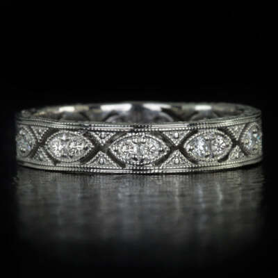 VINTAGE STYLE ART DECO ROUND CUT DIAMOND WEDDING BAND STACKABLE RING  ENGRAVED