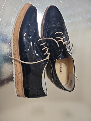 Paul Green 1088 Patent Leather Wingtip Oxford Sneaker Black Cork Dandy Brogue 