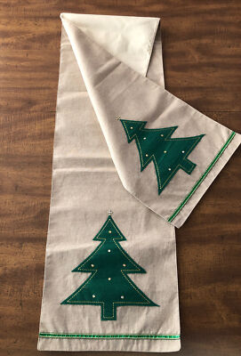 Christmas Tanle Runner Natural With Green Trees Rhinestones Made In India KARIS
