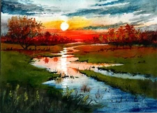 Sunset Over Green Marshlands, Sunset Art, Beautiful Sky, Sunset Wall Decor