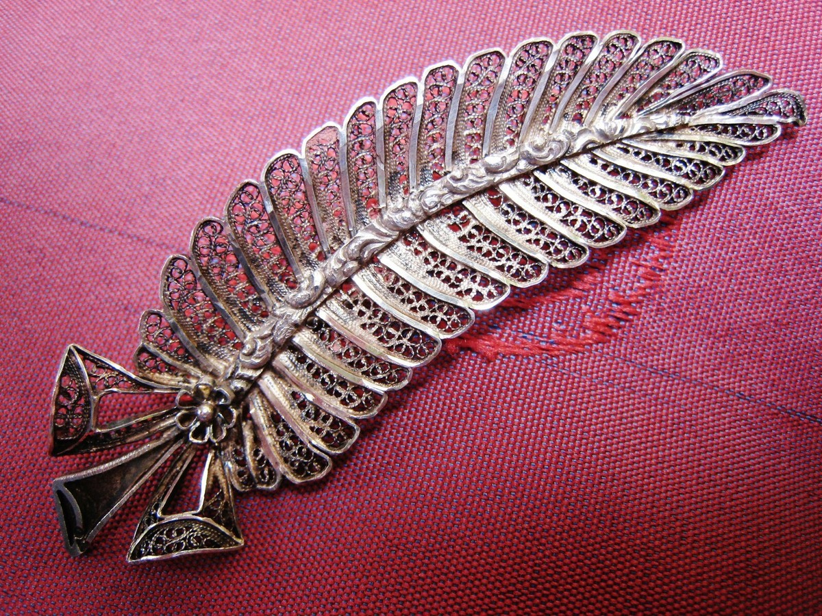 Ancienne Broche D'Écrivaine En Argent Sterling Filigrané - Motif Plume Vintage (sans Marque)