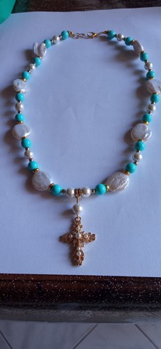 Collana perle irregolari di fiume+perle di majorca+tondi pasta di turchese+croce - Picture 13 of 16