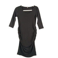 Women T-Shirt Dress Short Sleeve Round Neck Ruched Sides Solid Black Knit SIZE S