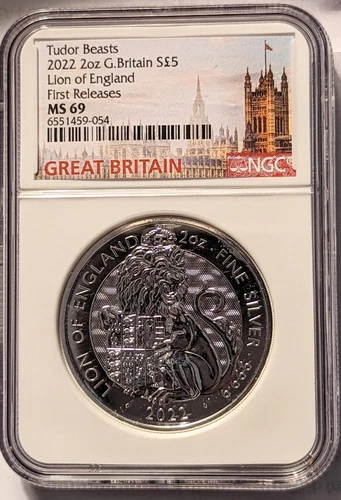 2022 GREAT BRITAIN 2OZ SILVER NGC MS69 QUEEN'S TUDOR BEASTS LION OF ENGLAND 🇬🇧