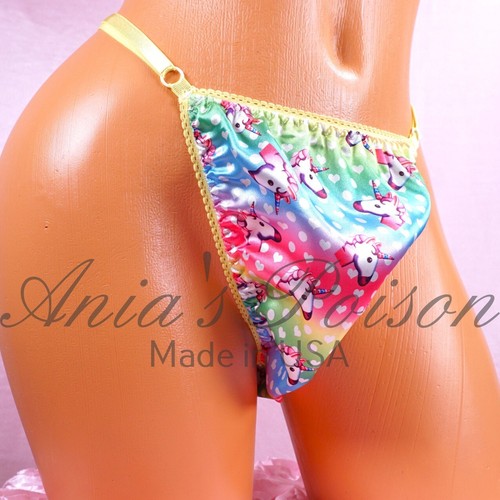 Satin Sissy VALENTINE'S Panties MEN's ADJUSTABLE Rainbow Unicorn Triangle THONG - Picture 1 of 5