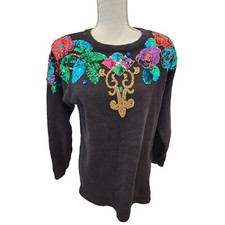 Vintage 80s SML Glitz Pullover Sweater Womens M Black Sequins Floral