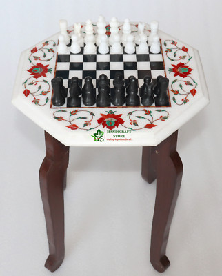 Marble Chess Table Inlaid with Semiprecious stone with Chess figure & stand