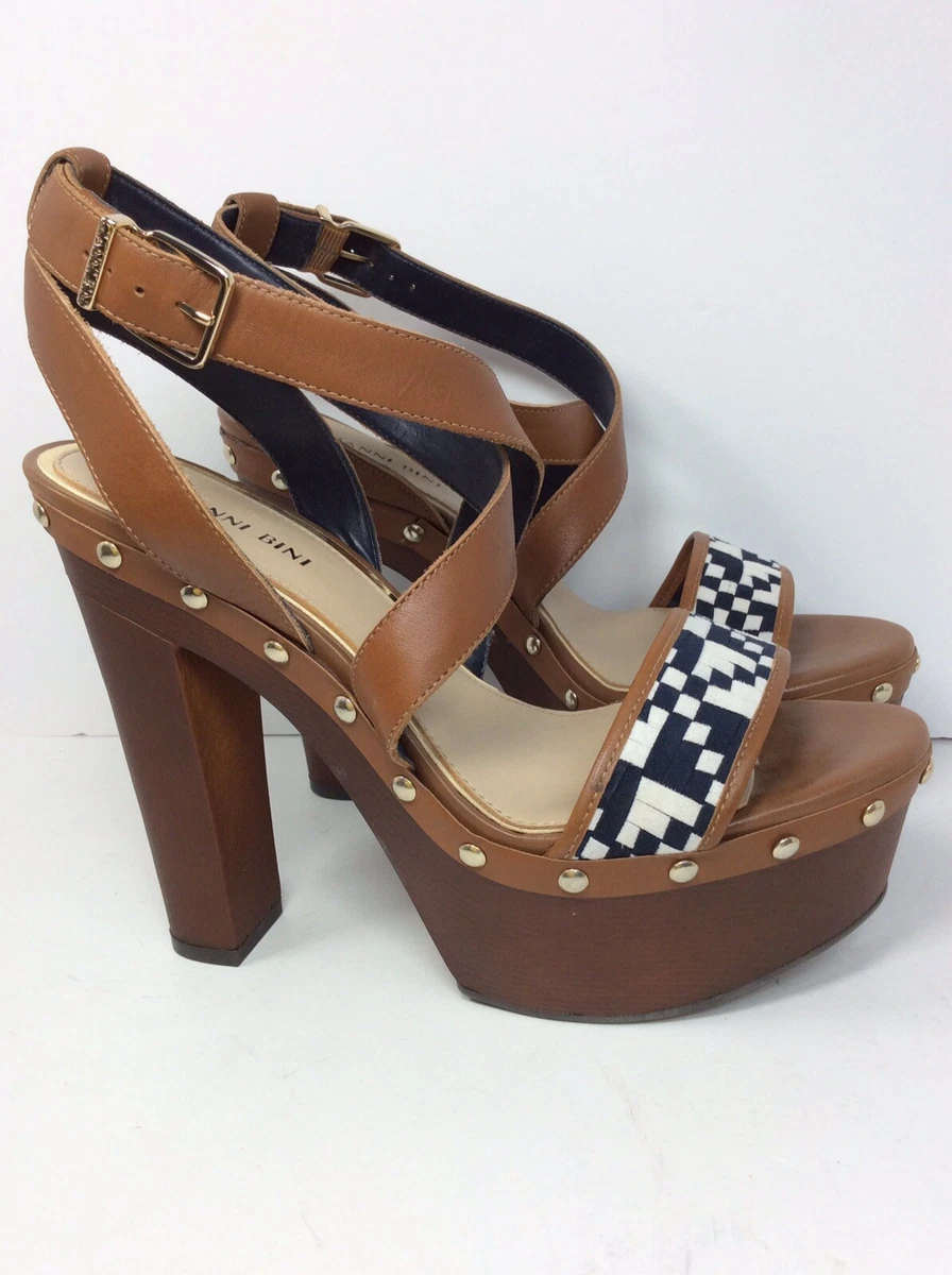 Gianni Bini Leather Platform Heels Brown With White black Checkered Band Sz 7.5