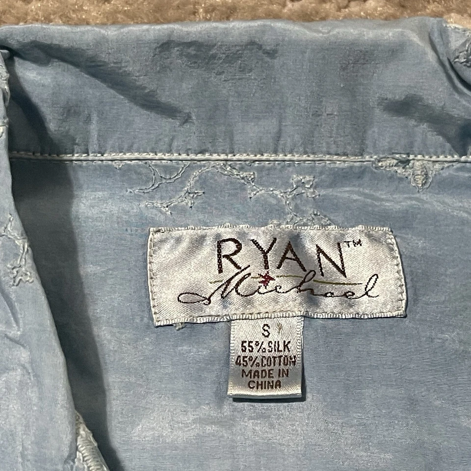 Ryan Michael Western Shirt Women Small Blue Silk Blend Embroidered Pearl Snap - Image 3 of 4