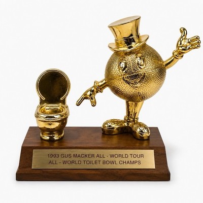 	1993 GUS MACKER Metal Toilet Bowl Champs Trophy w/ Wood Base Engraved