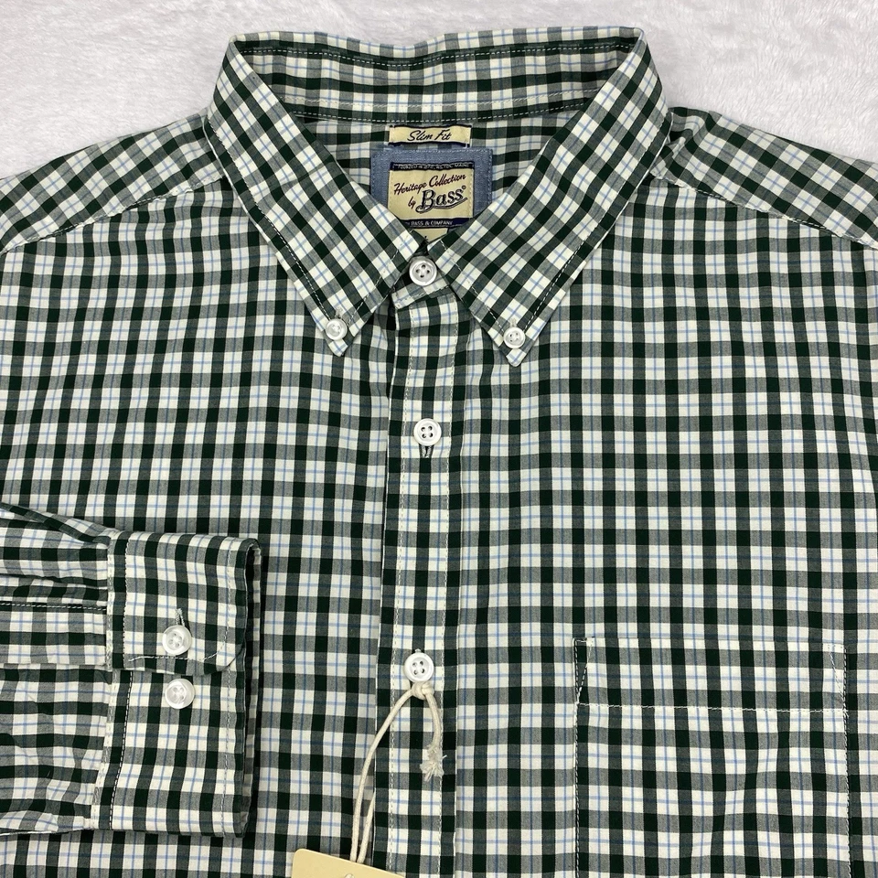 BASS Heritage Collection  Shirt Mens Large Green/White/Blue Checks Slim Fit NWT! - Image 2 of 4