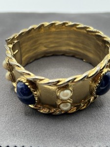 Authentic Gold Plated Costume Bracelet Faux Pearl & Blue Stones