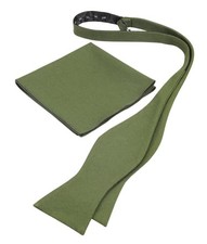 Mens Solid Linen Self Tie Bow Ties and Pocket Square Set Olive Green