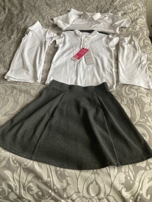 Mädchen Schulpaket-grau Rock, Weste 3 weiß Kurzarm Shirt/Bluse Alter 7-8 Jahre