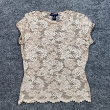 Ann Taylor Womens Beige Floral Lace Cap Sleeve Top Size M Scalloped Hem USA Made