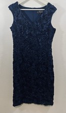 Alex Evenings Dress Size 8 Navy Blue Rosette Lace Sequin Cap Sleeve Knee Length