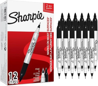 Sharpie Twin Tip Black Permanent Markers 12 Pack Fine and Ultra-Fine Ink Pens
