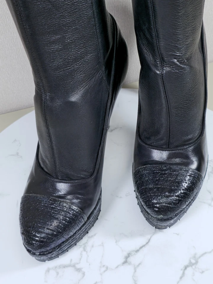 Botas de plataforma Premiata para mujer de cuero negro sobre la rodilla de tacón alto talla 38 Foto 4 de 4