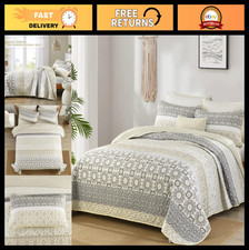 Boho King Size Quilt Set - Beige Striped Patchwork Bedspread, 3-Piece Microfiber