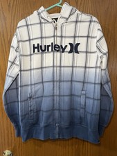 Vintage Hurley Men  s M Blue White Gradient Plaid Zip Hoodie Surf Skate Logo Y2K