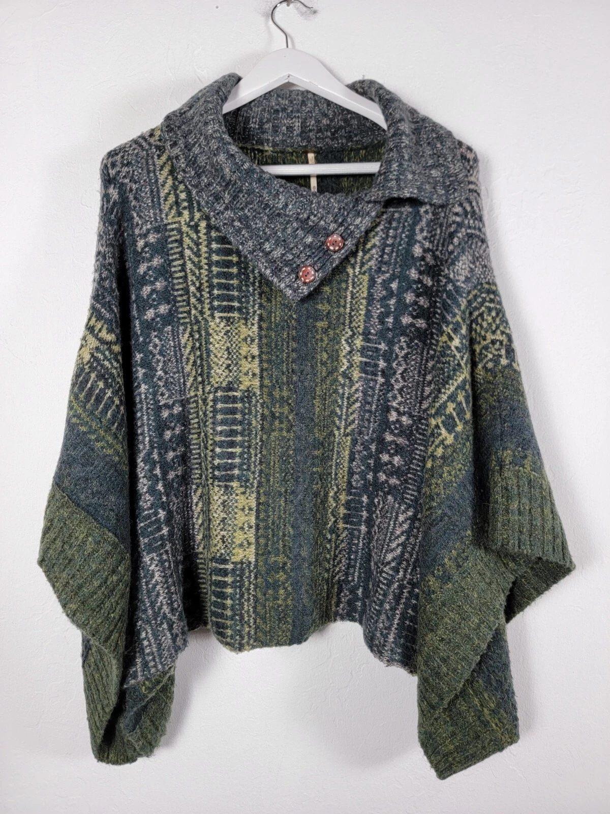 Free People Womens Alpaca Blend Willow Poncho Sweater Size XS Green Gray Knit