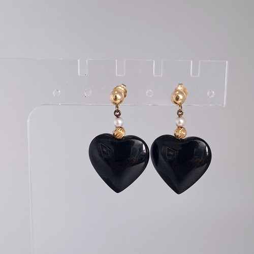 14k Gold Black Onyx Earrings Heart Dangle Vintage Post 1 5/8" Faux Pearl - Picture 3 of 11