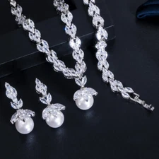 Gorgeous Cubic Zirconia Pearl Pageant Jewelry Necklace Earrings Sets for Ladies