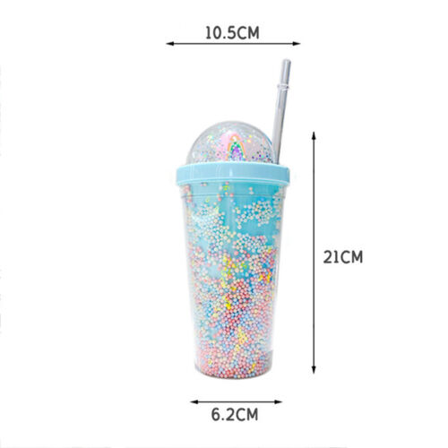 Double Layers Rainbow Plastic Water Bottle With Straw Creative 550ml -KN - Picture 1 of 13