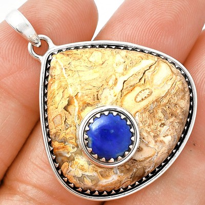 Natürlicher Stein Kalk & Lapislazuli 925 Sterlingsilber Anhänger Schmuck P-1260
