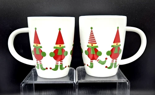 Set of 2 ~ Crate & Barrel Mugs ~ Jingle Elf ~ Christmas ~ Porcelain ~ 15 oz