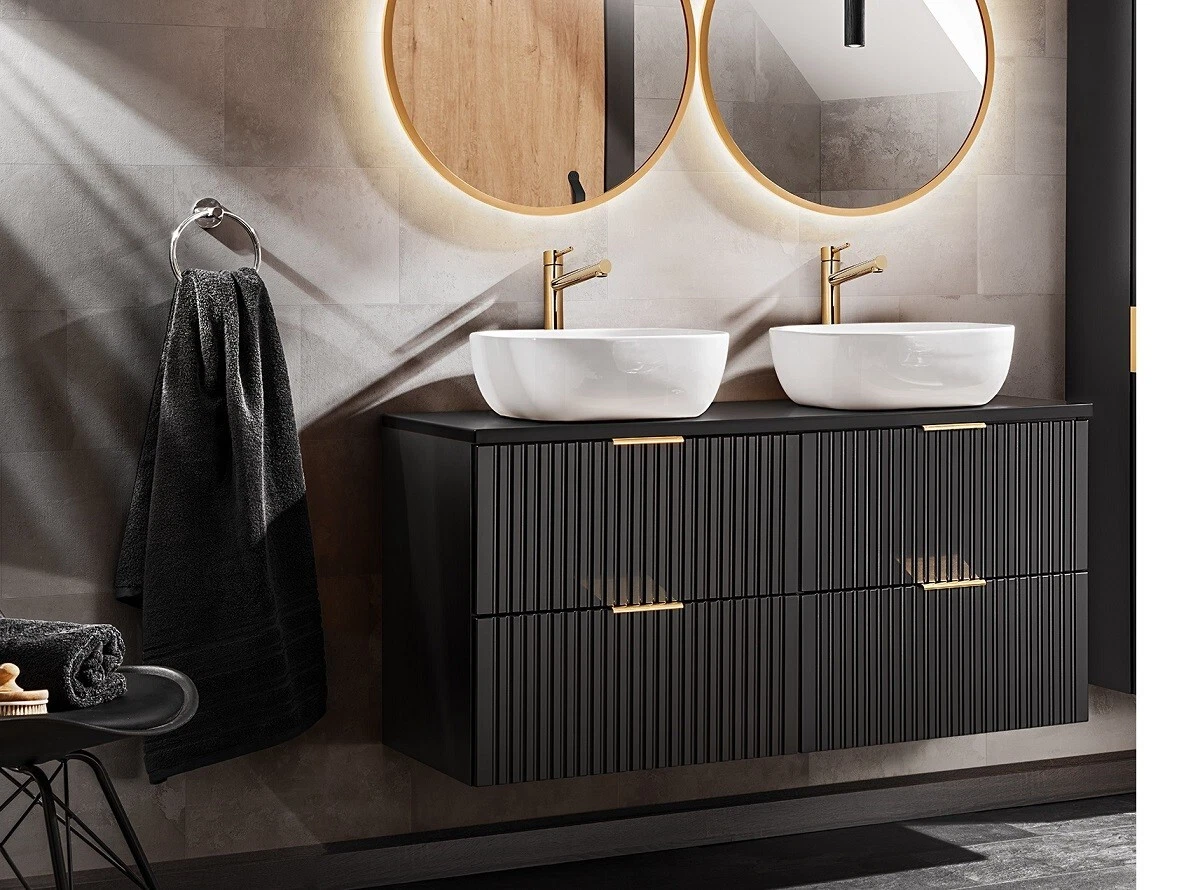 Bathroom Countertop Vanity Unit 1.2m Sinks Ribbed Textured Black Wall Hung Adel