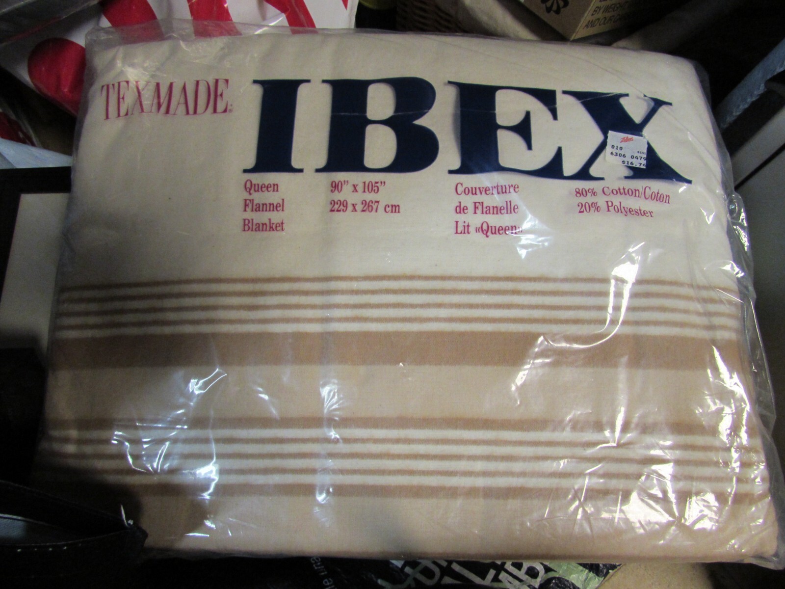 NEW Vintage TEX Made IBEX Stripe FLANNEL BLANKET 90" X 105" COTTON/POLY