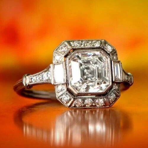 Art Deco Asscher Cut Lab Created Diamond Anniversary 14K White Gold Finish Ring