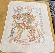 Vintage Quilted Baby Blanket Embroidered Pastel Bears on Rocking Horse 41" x 33"