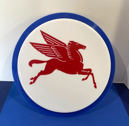 Vintage Mobil Pegasus Advertising Sign 14" Round Plastic Gas & Oil, Garage