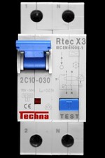 TECHNA 10 AMP CURVE C 10kA 30mA DOUBLE POLE RCBO RTEC X3LV-2C10-030
