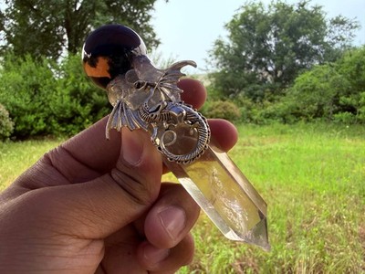 Obsidian Sphere Clear Quartz Dragon Wand Handmade Crystal Scepter Ornament