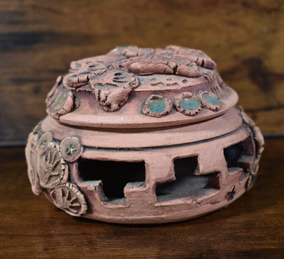 Zaharis Hand Thrown Southwestern Aztec Pottery Trinket Box and Lid