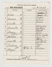 4-17-99 Milwaukee Brewers Game Used Umpire Lineup Card - Jeromy Burnitz