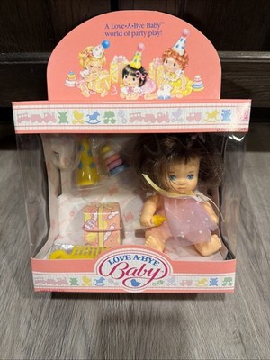 1987 Vintage NEW Hasbro Love-a-bye Baby Birthday Pink Dress Brown Hair Doll