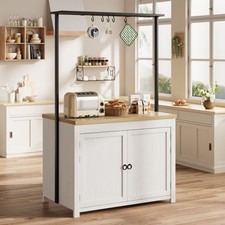 42" Kitchen Island with Storage 2-Tier Shelves  5 Hooks Mobile Kitchen Cart