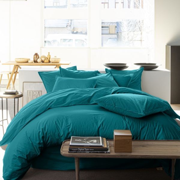 Housse de couette 220x240 cm percale de coton bleu canard | Linge de lit double