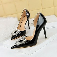 Women Pointed Toe Patent Leather Rhinestone Buckle Pump Thin High Heel Stilettos