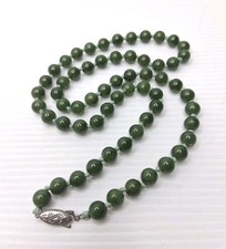 Vintage Green Nephrite Jade Beaded Knotted Necklace Silver Clasp 24"