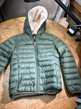 Save The Duck Jacket Youth 12 Green Full Zip Sherpa Fleece Lined Parka Hood NWOT