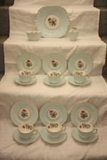 72 NB1143 Vintage Aynsley Bone China Tea Set Pale Green & Floral no 6021 Swirl